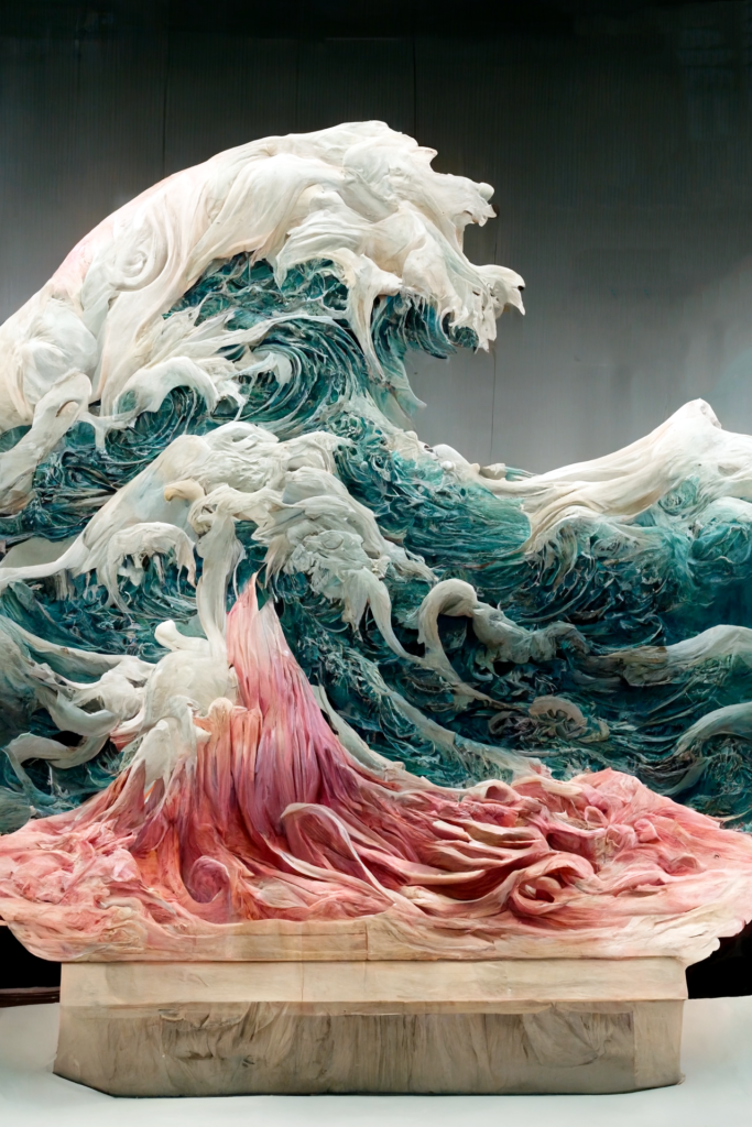 I wanted to create a spin-off collection inspired by one of my favorite paintings called "The Great Wave off Kanagawa" by the Japanese artist Hokusai done using AI. This time as a diorama with pink silver and fire, carved out of transparent marble using unreal engine.

