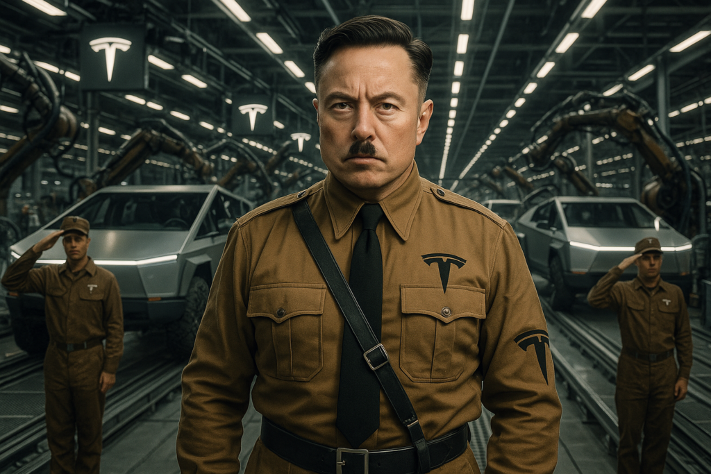 lon Musk styled as authoritarian leader in propaganda-style poster with slogan Ein Musk Ein Volk Ein Tesla