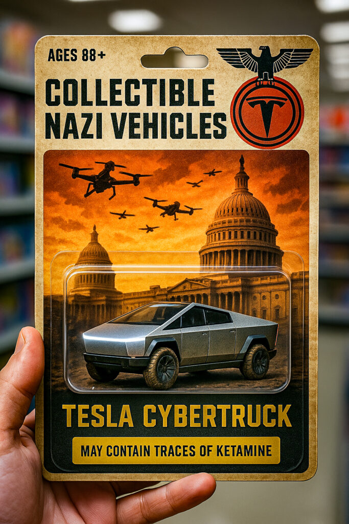  Satirical toy set display featuring Tesla Cybertruck alongside Nazi-era vehicles with dystopian marketing tagline