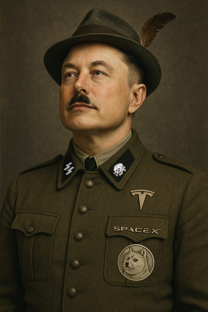 Elon Musk styled as authoritarian leader in propaganda-style poster