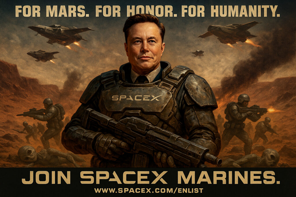SpaceX Marines science fiction recruitment poster showing armed soldiers preparing for battle on Mars
