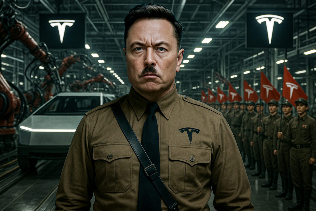 Elon Musk depicted as Marsführer in fascist style poster with crowd, banners, and slogan All roads lead to Mar